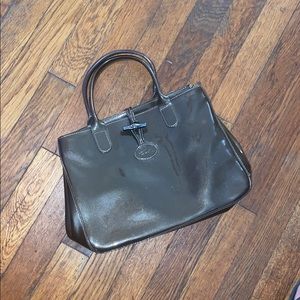 Longchamp brown patent leather satchel toggle